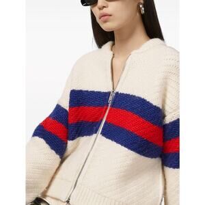 Gucci GG Zip Up Wool Mohair Web Striped Cardigan Classic Sweater Knit